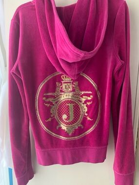 Juicy Couture Girls Fuchsia Velour Hoodie with Gold Crest